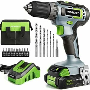 WORKPRO 20V Cordless Drill Driver Kit, 3/8'' Keyless Chuck, 2.0 Ah Li-ion Battery, 1 Hour Fast Charger and 11-inch Green Storage Bag Included