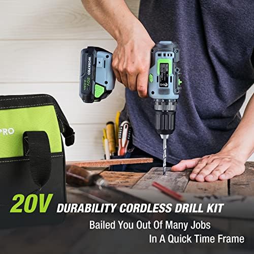 WORKPRO 20V Cordless Drill Driver Kit, 3/8'' Keyless Chuck, 2.0 Ah Li-ion Battery, 1 Hour Fast Charger and 11-inch Green Storage Bag Included - Image 7