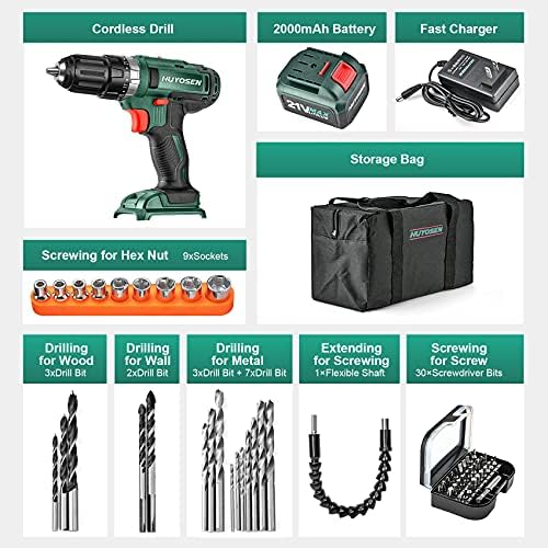 HUYOSEN Cordless Drill Driver, 21V Professional Impact Drill, 46N.M Torque- 3/8''Auto Chuck, 23+1 Clutch, 57 Pcs Accessorie, Built-in LED Power Drill Drivers Set for Drilling Wall Wood Metal DIYs - Image 3