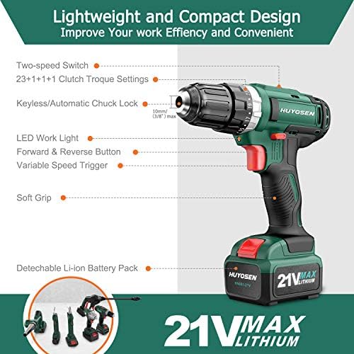 HUYOSEN Cordless Drill Driver, 21V Professional Impact Drill, 46N.M Torque- 3/8''Auto Chuck, 23+1 Clutch, 57 Pcs Accessorie, Built-in LED Power Drill Drivers Set for Drilling Wall Wood Metal DIYs - Image 2