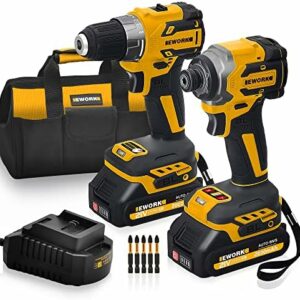 EWORK Cordless Drill and Impact Driver Set, 21V Brushless Power Drill Drivers with (2) 2.0Ah Batteries and (1) Fast Charger, Compact Power Tool Combo Kits (EKC-1018)