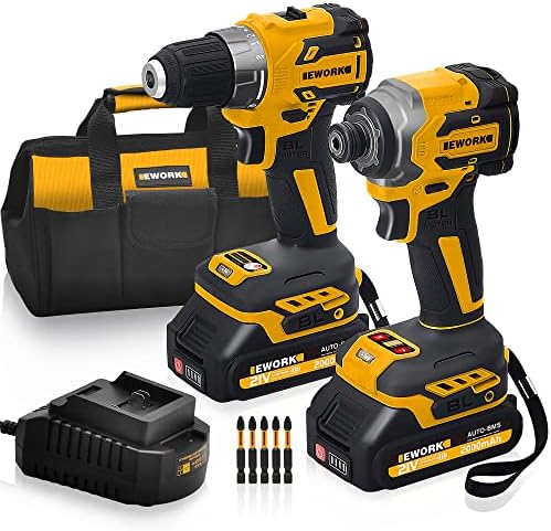 EWORK Cordless Drill and Impact Driver Set, 21V Brushless Power Drill Drivers with (2) 2.0Ah Batteries and (1) Fast Charger, Compact Power Tool Combo Kits (EKC-1018)