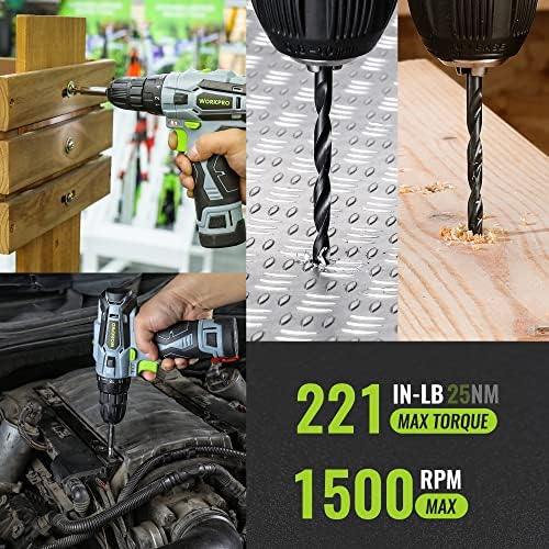 WORKPRO Home Tool Kit with Power Drill, 108PCS Power Home Tool Set with 12V 1.5 Ah Battery Powered Screwdriver and Tool Box, Electric Cordless Drill Set with Keyless Chuck and Variable Speed Trigger - Image 8