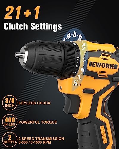 EWORK Cordless Drill and Impact Driver Set, 12V Compact Brushless 1/4 Impact Driver 3/8 Power Drill Cordless with (2) 2.0Ah Battery, Fast Charger, Tool Bag, Electric Drill Driver Power Tool Combo Kits - Image 4