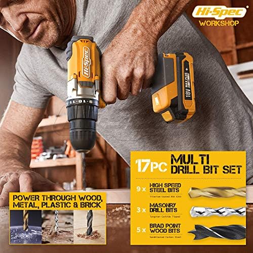 Hi-Spec 58pc Yellow 18V Cordless Power Drill Driver, Bit Set & Case. Complete Home & Garage DIY Tool - Image 4