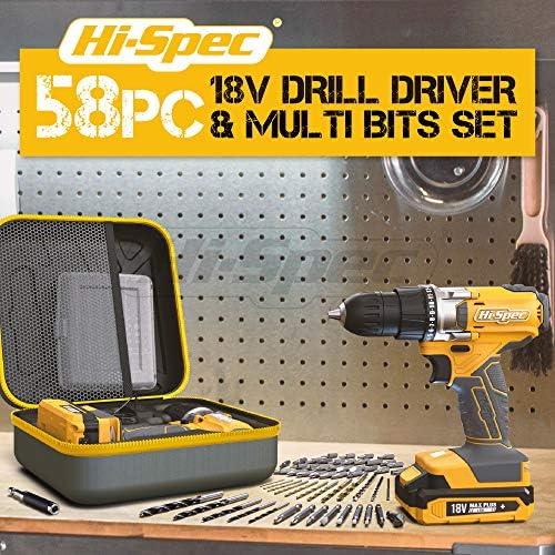 Hi-Spec 58pc Yellow 18V Cordless Power Drill Driver, Bit Set & Case. Complete Home & Garage DIY Tool - Image 2